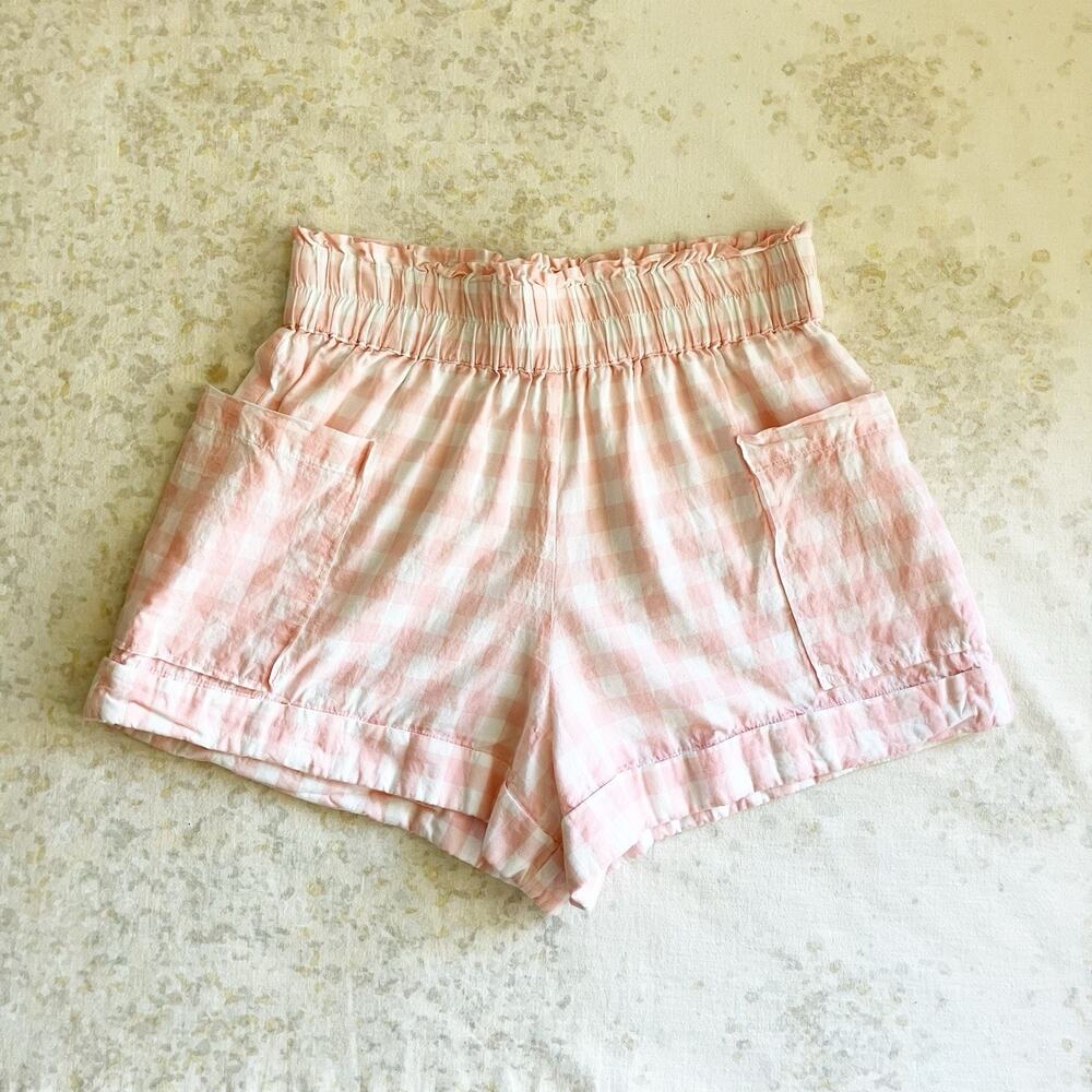 Show Me Your MuMu High Rise Gingham Patch Pocket Shorts Size Small Pink White